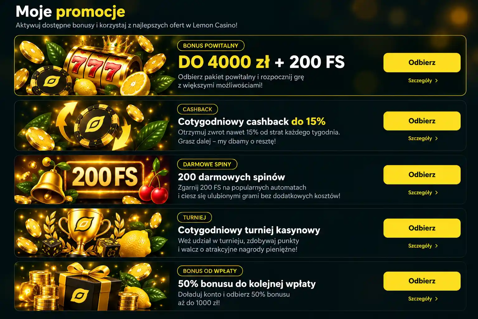 Sekcja promocji w panelu Lemon Casino PL – lista bonusów z przyciskami Odbierz