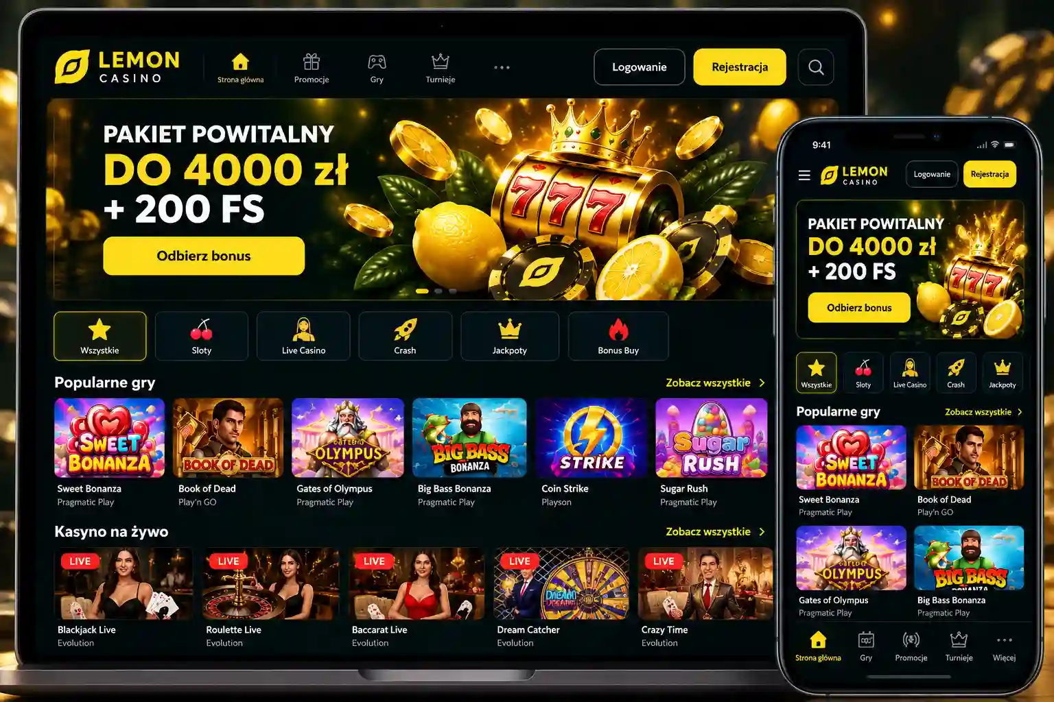 Strona główna Lemon Casino PL na ekranie komputera i smartfona