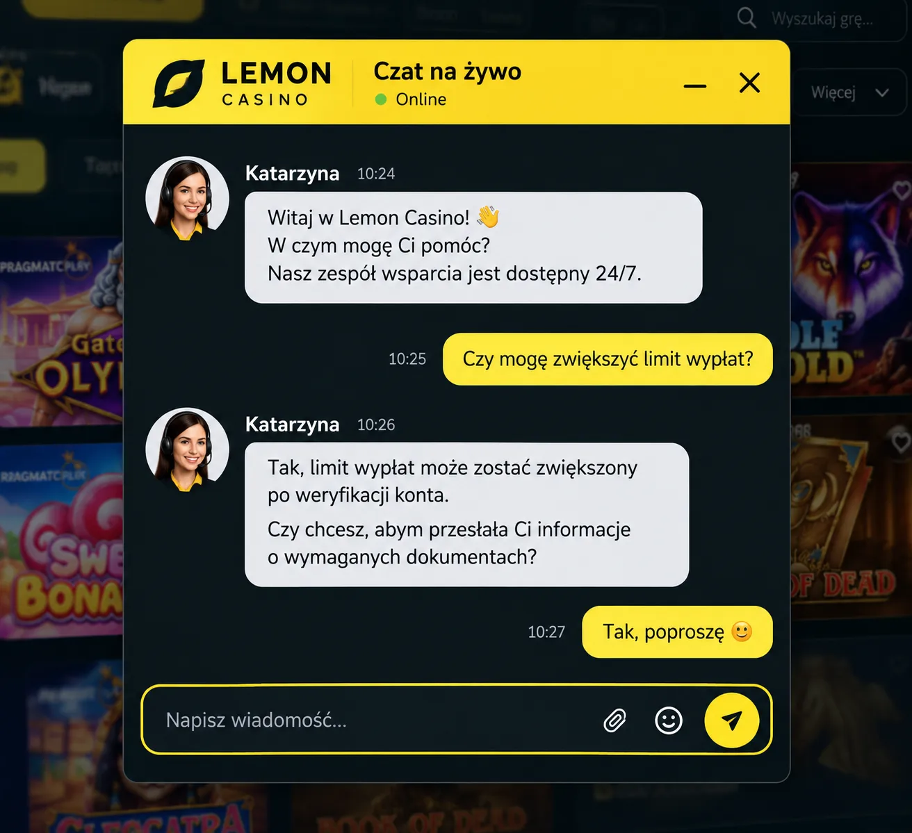 Czat na żywo Lemon Casino PL – okno rozmowy z konsultantem dostępnym 24/7