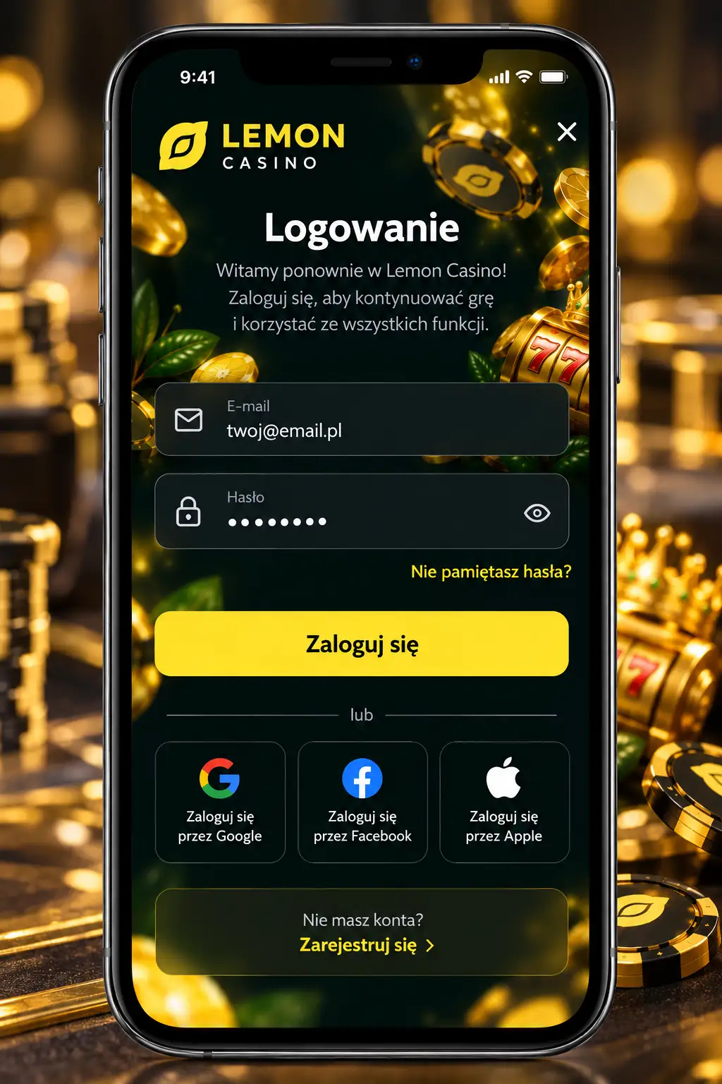 Formularz logowania Lemon Casino PL na ekranie smartfona
