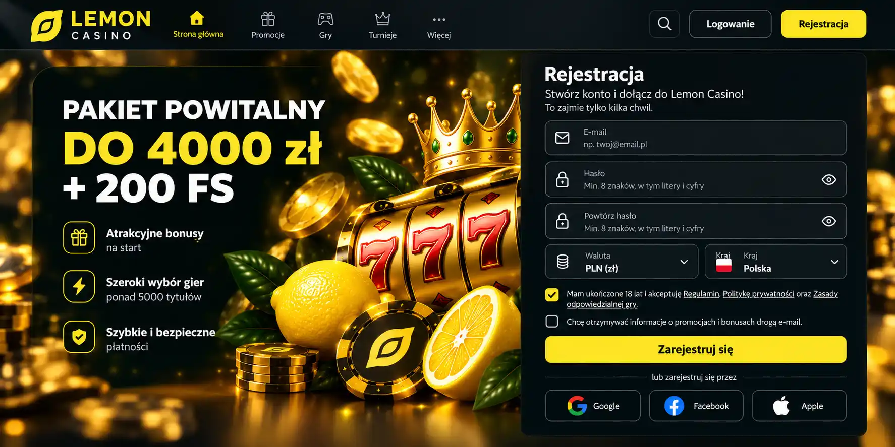 Strona rejestracji Lemon Casino PL z formularzem – pola e-mail, hasło, waluta PLN